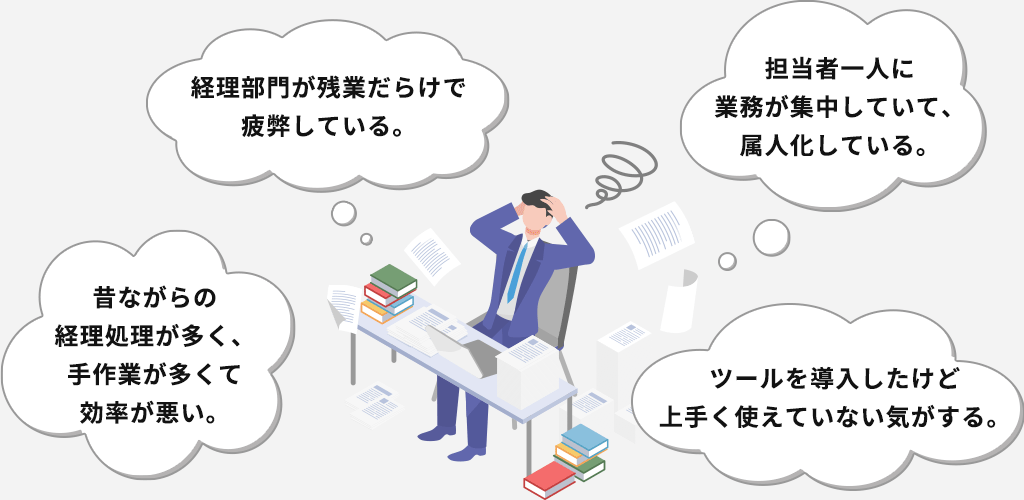 「経理部門が残業だらけで疲弊している。」「担当者一人に業務が集中していて、属人化している。」「昔ながらの経理処理が多く、手作業が多くて効率が悪い。」「ツールを導入したけど上手く使えていない気がする。」